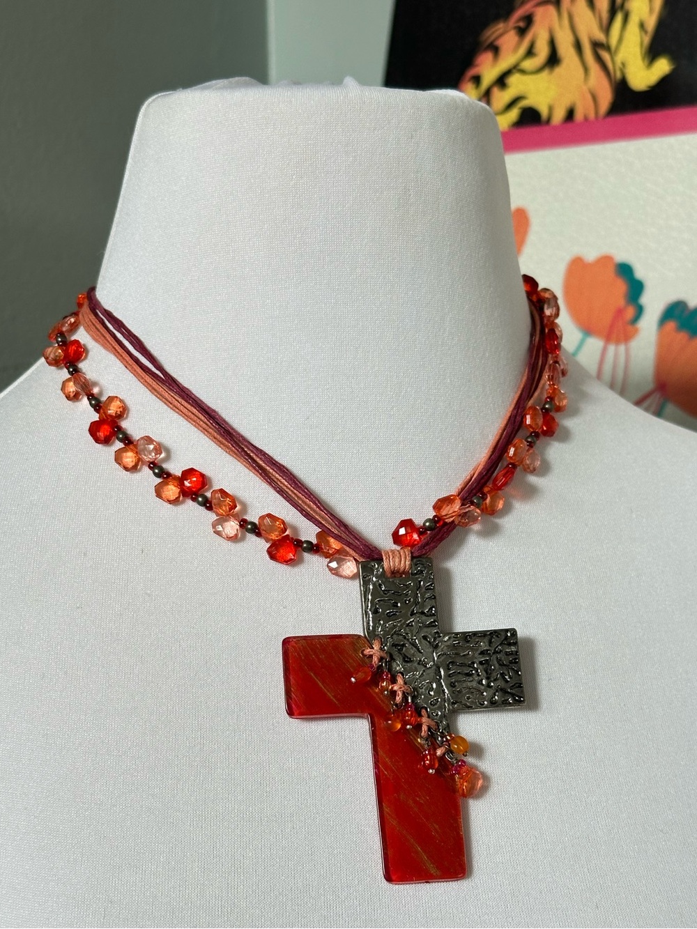 Red Orange Acrylic Cord Knotted Cross Crucifix Beaded Statement Necklace Y2K